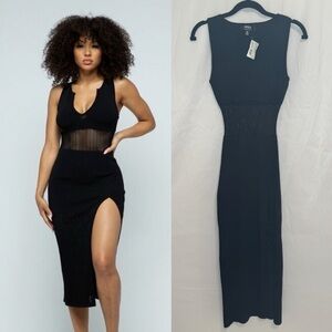 NWT Hera Collection Black Midi V-Neck Dress with Mesh Cutouts & Slit